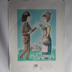 Estampe Raymond PEYNET L'heure du goûter Dessin original