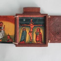 Icône orthodoxe triptyque bois peint Croix Copte Éthiopie