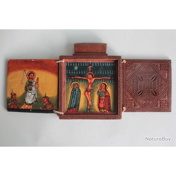 Ic�ne orthodoxe triptyque bois peint Croix Copte �thiopie
