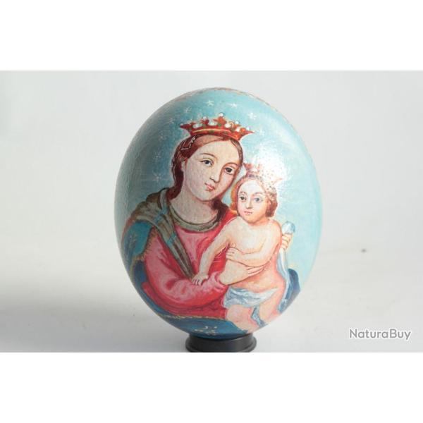 OEuf d'autruche peint Ic�ne Vierge � l'enfant et ange