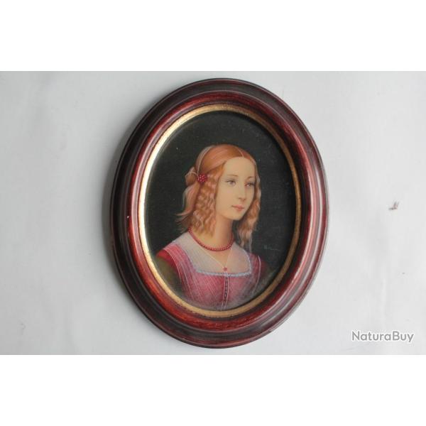 Peinture miniature Portrait Jeune fille d'apr�s Domenico Ghirlandaio