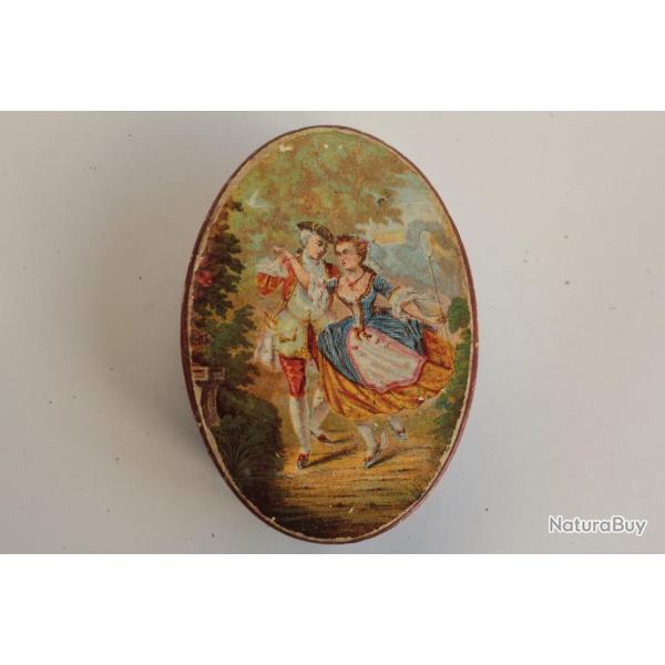 Ancienne boite � drag�es carton peint Sc�ne galante