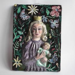 Bas relief Terre cuite émaillée Vierge à l'enfant Madone