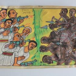 Peinture sur parchemin La bataille d'Adoua Art naïf Éthiopie