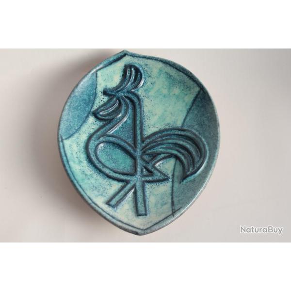 Marcel NOVERRAZ Plat c�ramique �maill�e Coq Suisse