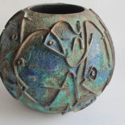 Vase sculpture terre cuite émaillée relief Poissons Italie 1950/60