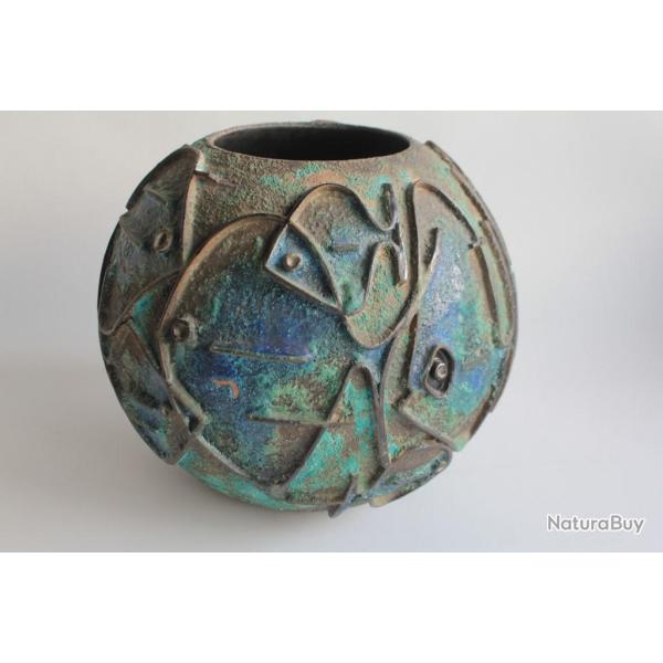 Vase sculpture terre cuite �maill�e relief Poissons Italie 1950/60