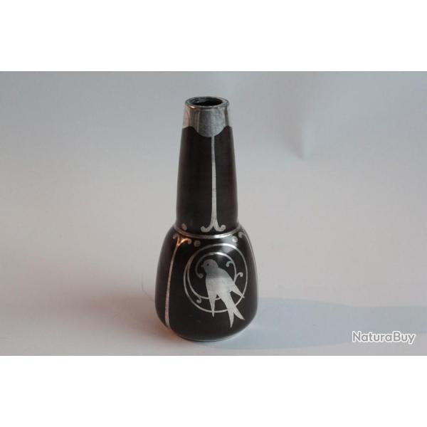 Petit vase verre �maill� marron et argent Hirondelle Dinanderie