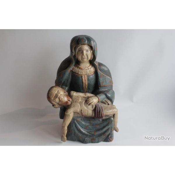 Ancienne Sculpture bois polychrome Pieta Vierge de Pi�t�
