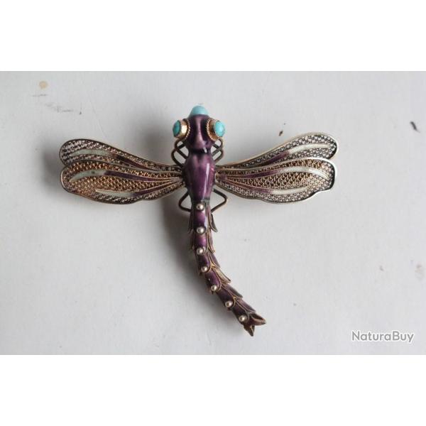Broche articul�e Libellule vermeil �maill� Chine argent