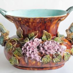 Jardinière barbotine Lilas Dauphins Sarreguemines Art Nouveau