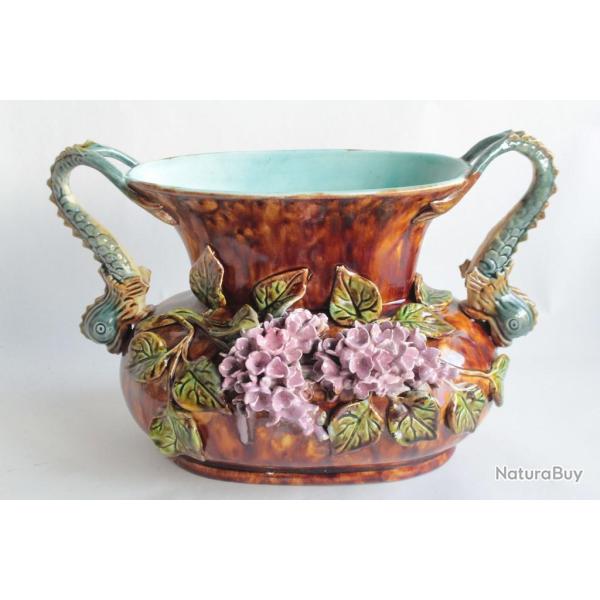 Jardini�re barbotine Lilas Dauphins Sarreguemines Art Nouveau