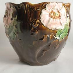 Grand cache-pot barbotine De Bruyn Fives Fleurs de pavot Art Nouveau