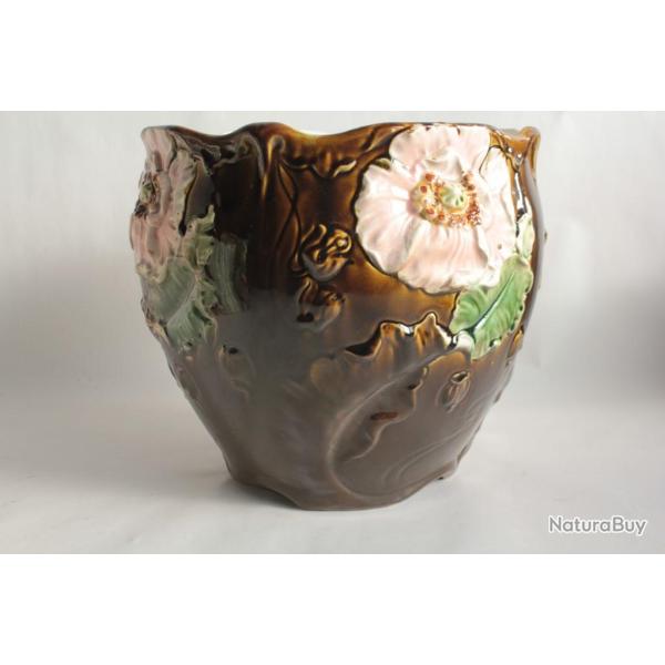 Grand cache-pot barbotine De Bruyn Fives Fleurs de pavot Art Nouveau