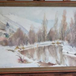 Aquarelle Paysage alpin enneigé Ludwig Demarmels Suisse