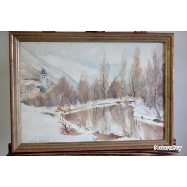 Aquarelle Paysage alpin enneig Ludwig Demarmels Suisse
