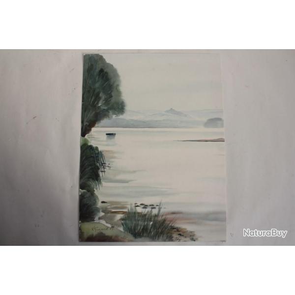 Aquarelle Ren GUINAND Bord de Lac Suisse