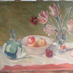Tableau peinture Nature morte Fleurs et fruits Marc Lhuicq 1945