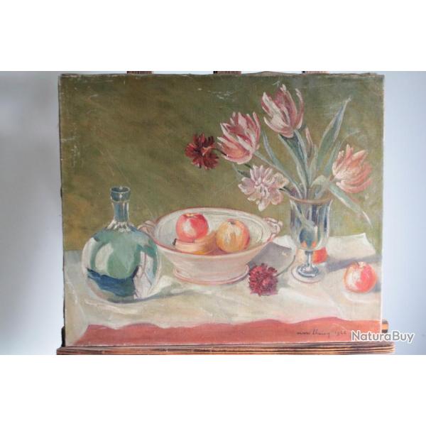 Tableau peinture Nature morte Fleurs et fruits Marc Lhuicq 1945