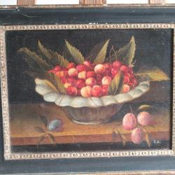 Tableau peinture Nature morte Coupe de cerises R.Z. XIXe siècle