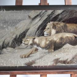 Tableau Broderie soie Lion et Lionne Japon