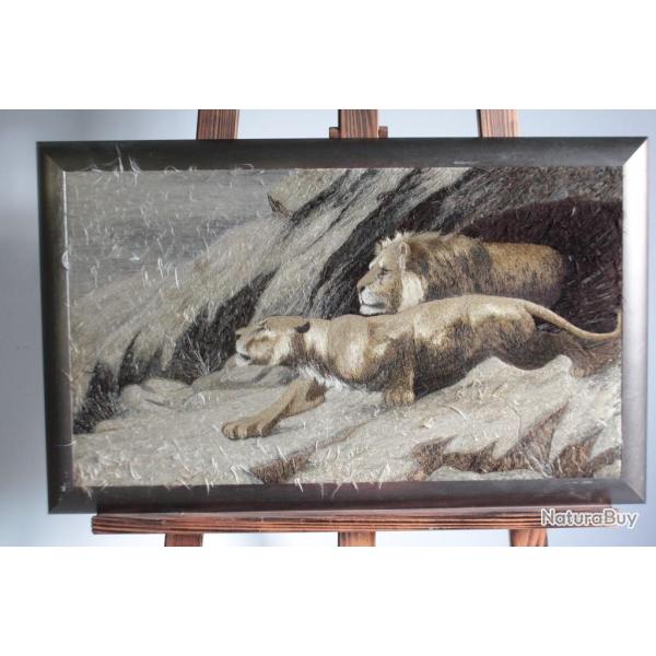 Tableau Broderie soie Lion et Lionne Japon