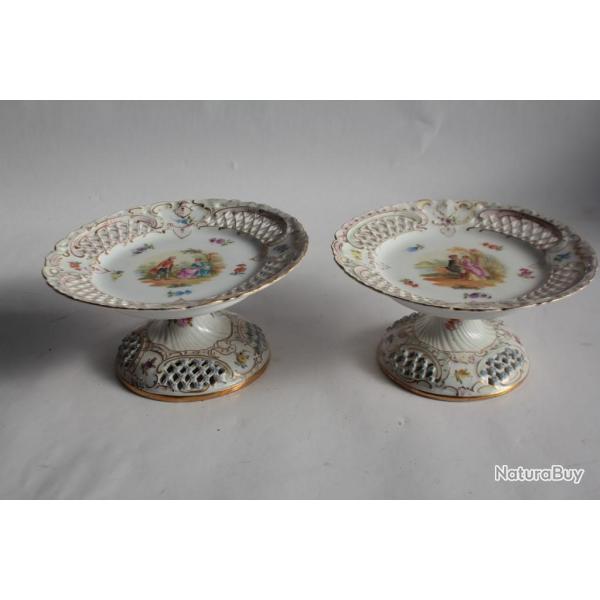 Paire petits Compotiers porcelaine ajour�e Dresden Carl Thieme Allemagne