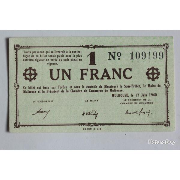 Billet de n�cessit� 1 Franc Mulhouse 1940