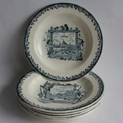 6 Assiettes terre de fer Salins Paysage Oiseaux XIXe siècle