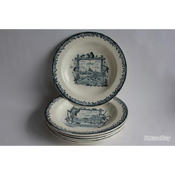 6 Assiettes terre de fer Salins Paysage Oiseaux XIXe si�cle