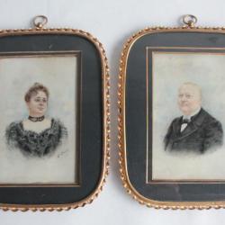 Dessins originaux Portraits Couple Bourgeois XIXe siècle