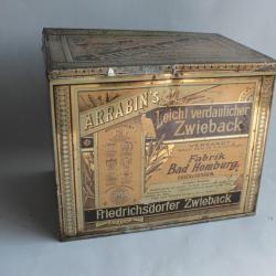 Grande Boîte à biscuits tôle lithographiée Arrabin's Zwieback homburg