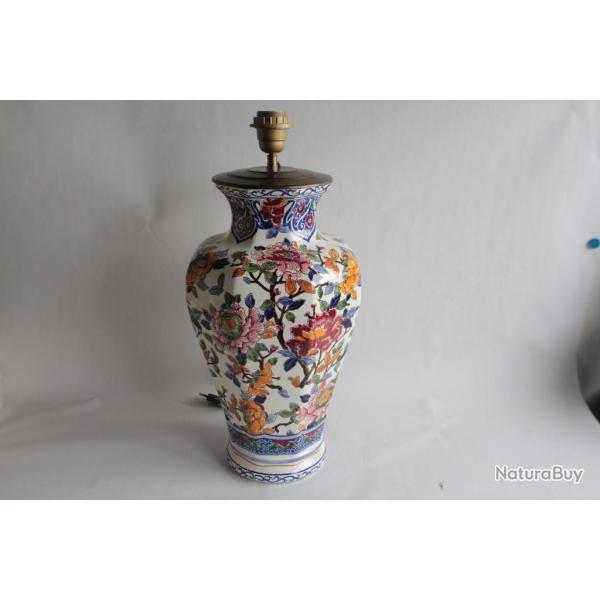 GIEN Grand Pied de lampe faence Pivoines