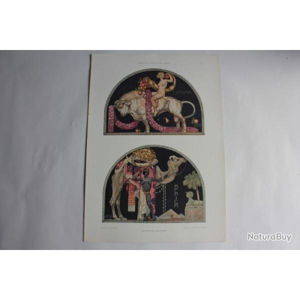 2 Estampes Lunettes Continents Journal dcoration Ignatius Deschauer 1910