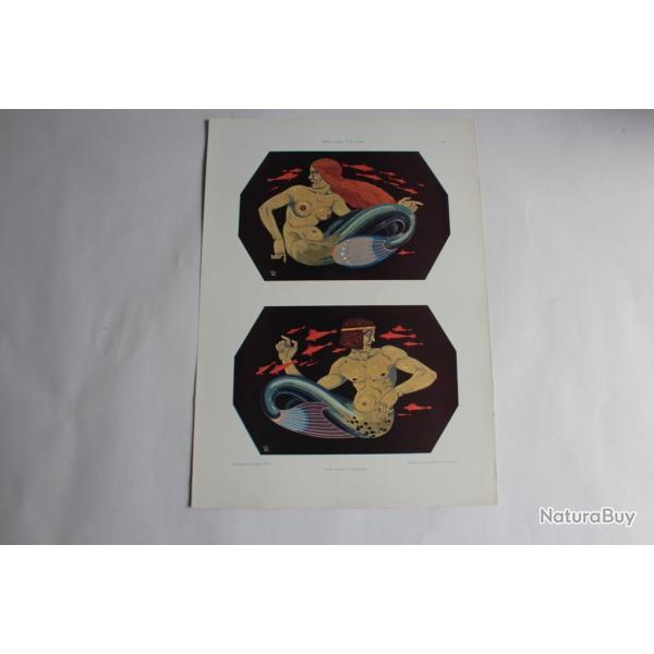 Estampe Sirne et triton Journal dcoration Paul Lindner 1910