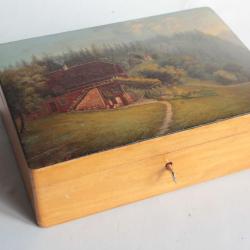 Boite en bois peint paysage Souvenir Montagne Suisse
