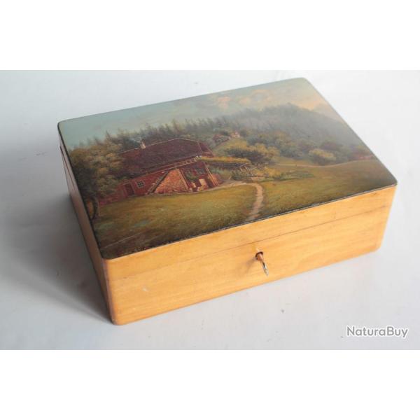Boite en bois peint paysage Souvenir Montagne Suisse