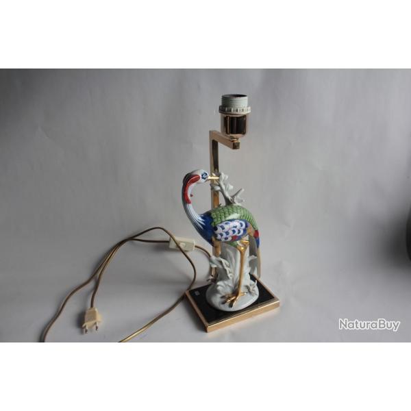 Lampe porcelaine Oiseau Paon Italie 1970