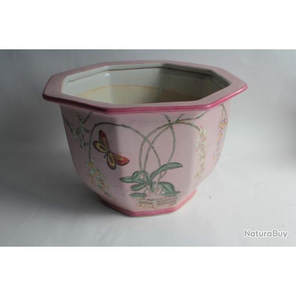 Cache pot octogonal porcelaine �maill�e Papillons Chine