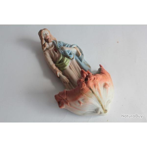 B�nitier porcelaine biscuit polychrome Christ