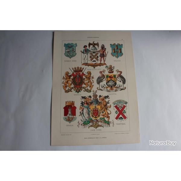 Estampe Armoiries des villes Journal dcoration G. Strhl 1900