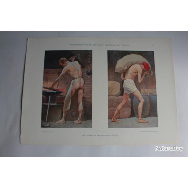 Estampe Allgorie forgeron et Porteur Journal dcoration G. Sturm 1900
