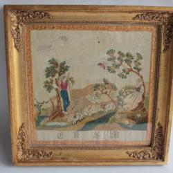 Tableau Broderie soie chenillée Berger et ses moutons XIXe siècle