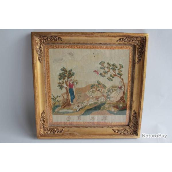 Tableau Broderie soie chenill�e Berger et ses moutons XIXe si�cle