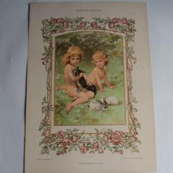 Estampe Enfants avec Lapins Journal décoration G. Sturm 1900