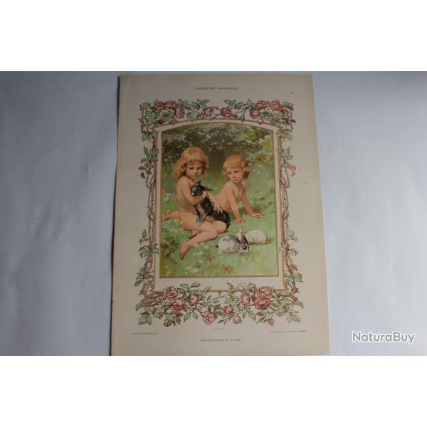 Estampe Enfants avec Lapins Journal dcoration G. Sturm 1900