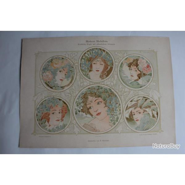Estampe Portrait Mdaillons Journal dcoration Rene Beauclair 1900