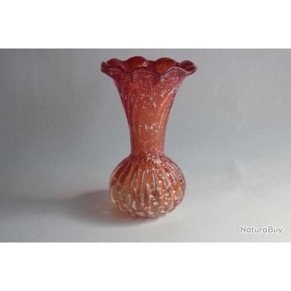MURANO Vase verre rouge argent Barovier Toso