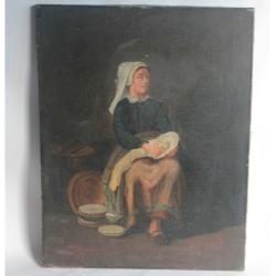 Peinture Paysanne à la vaisselle signé E. Lazare XIXe siècle