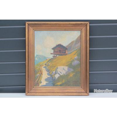Tableau Ancien Aquarelle – Chalets à Langtons – Paysage Original De 1909